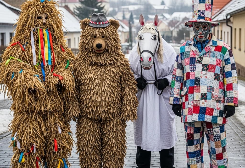 Carnival procession — straw man, bear, horse, runner