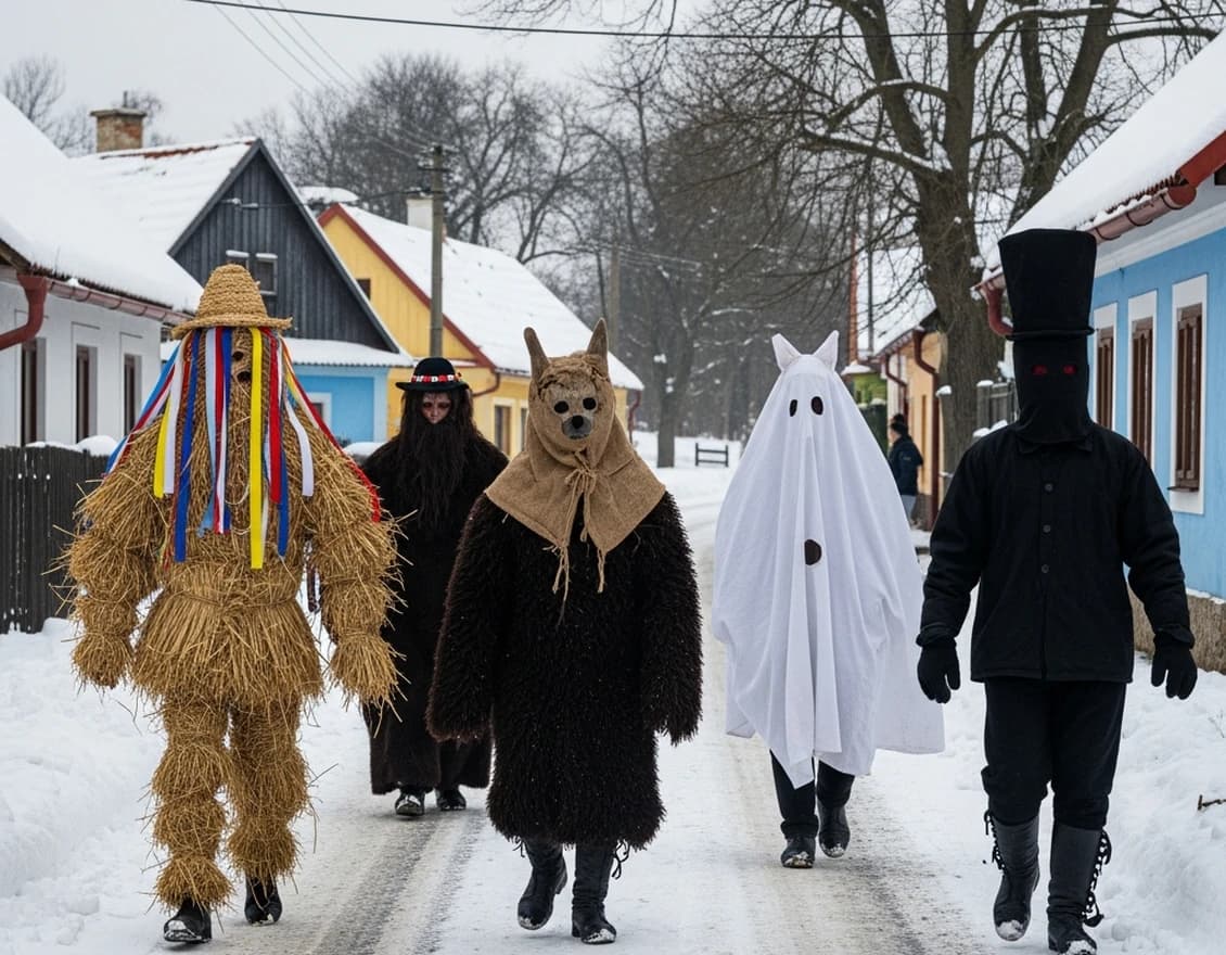 Carnival figures in a snowy village
